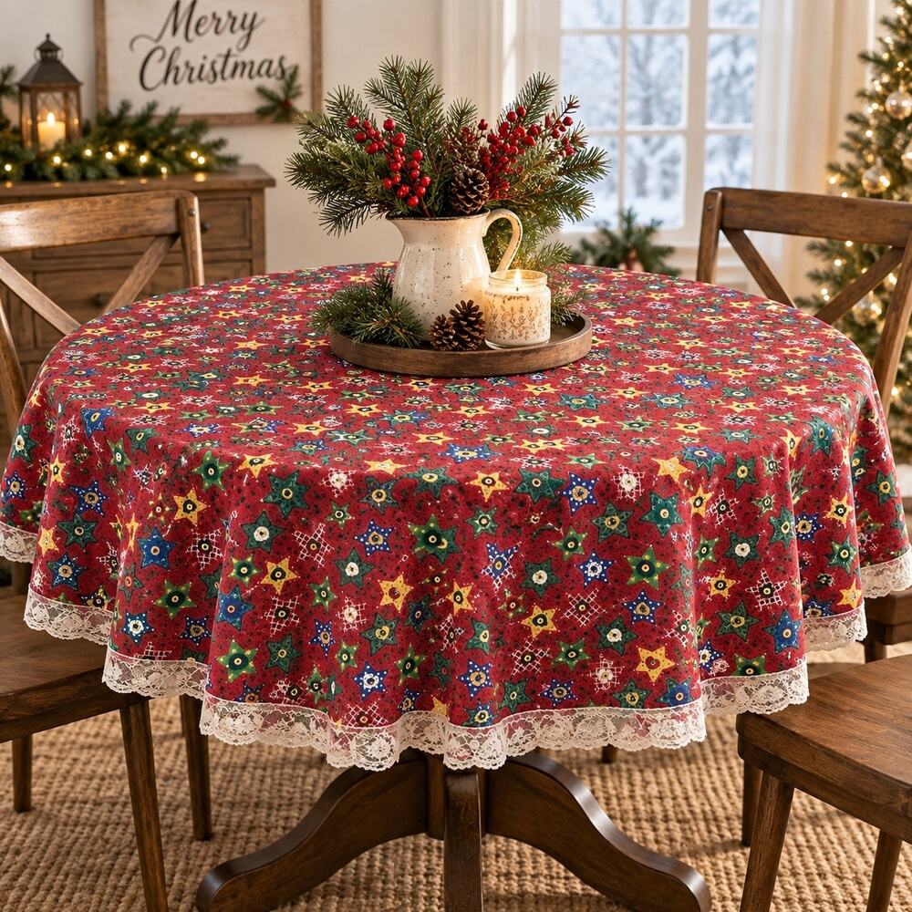 Vintage Handmade Christmas Tablecloth Round Red Star Print Lace Trim